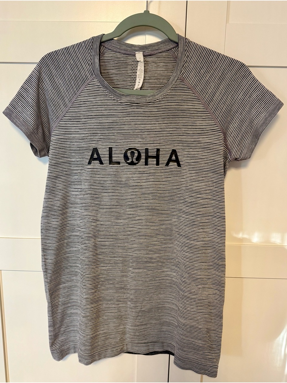 lululemon athletica Gray and White Striped Crewneck Tee Aloha
